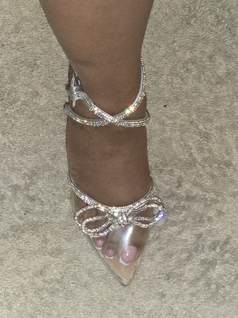 BCBG Silver Crystal Bow Ankle-Strap Pointed Toe Heels